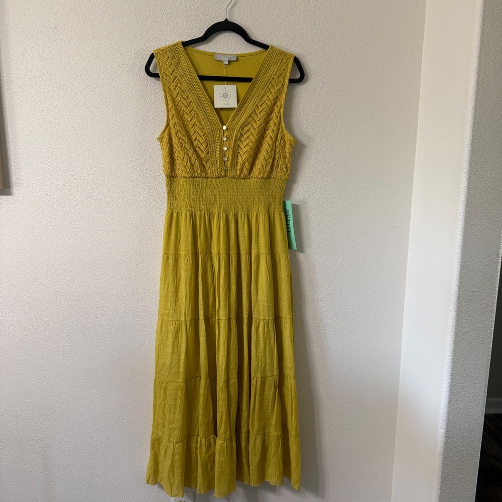 J Gee Cress Chevron Crochet Lace Tiered Mustard Maxi Sun VacationDress size PL
